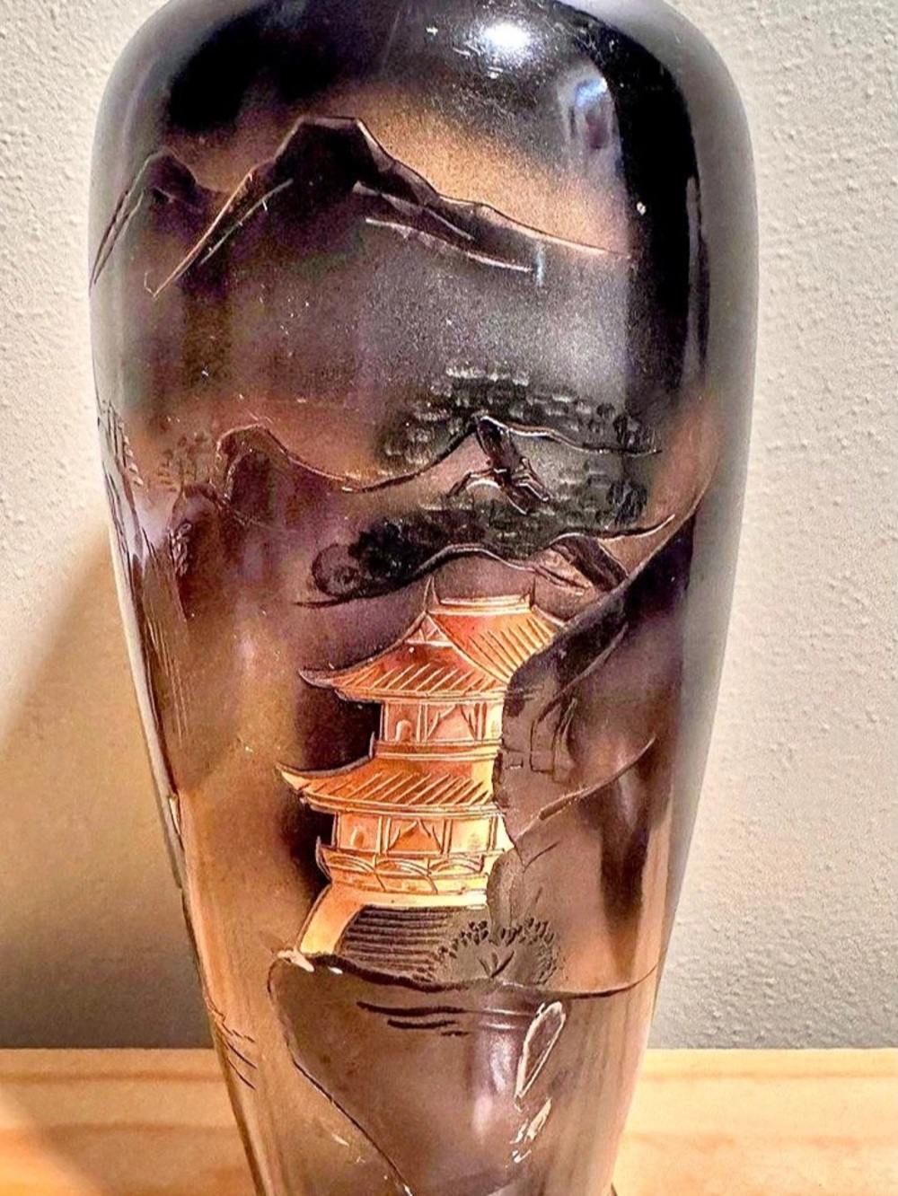 Vintage Japanese Chokin Style Mixed Metal Vase - Mt Fuji & Pagoda Scene